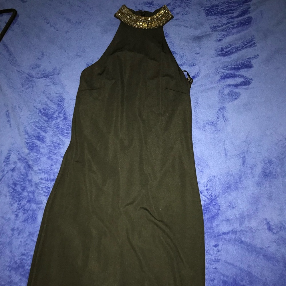 black bebe dress with gold neck